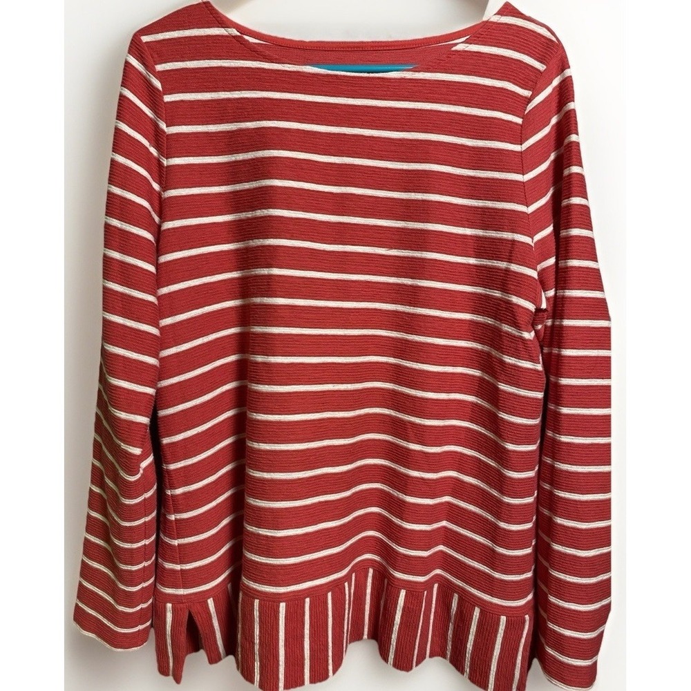Talbots Women's Large Coral White Striped Ribbed Long Sleeve Shirt Coastal